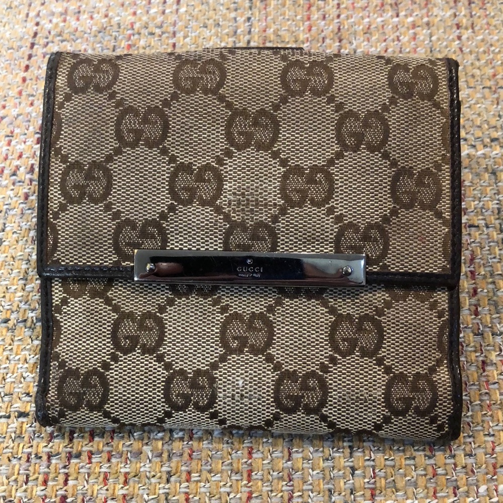GUCCI Men GG Trifold Canvas Jacquard Wallet Brown Leather